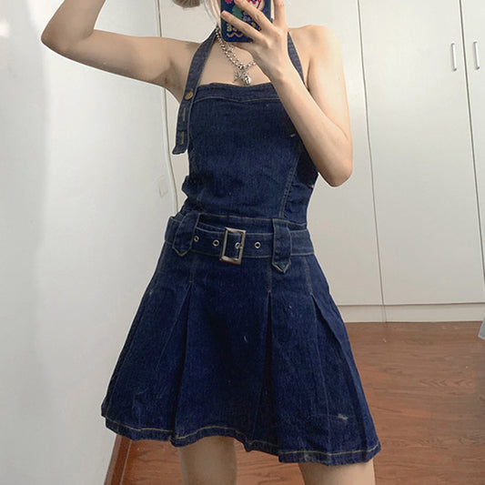 Women Denim Mini Dress Off Shoulder Halter Neck Sleeveless