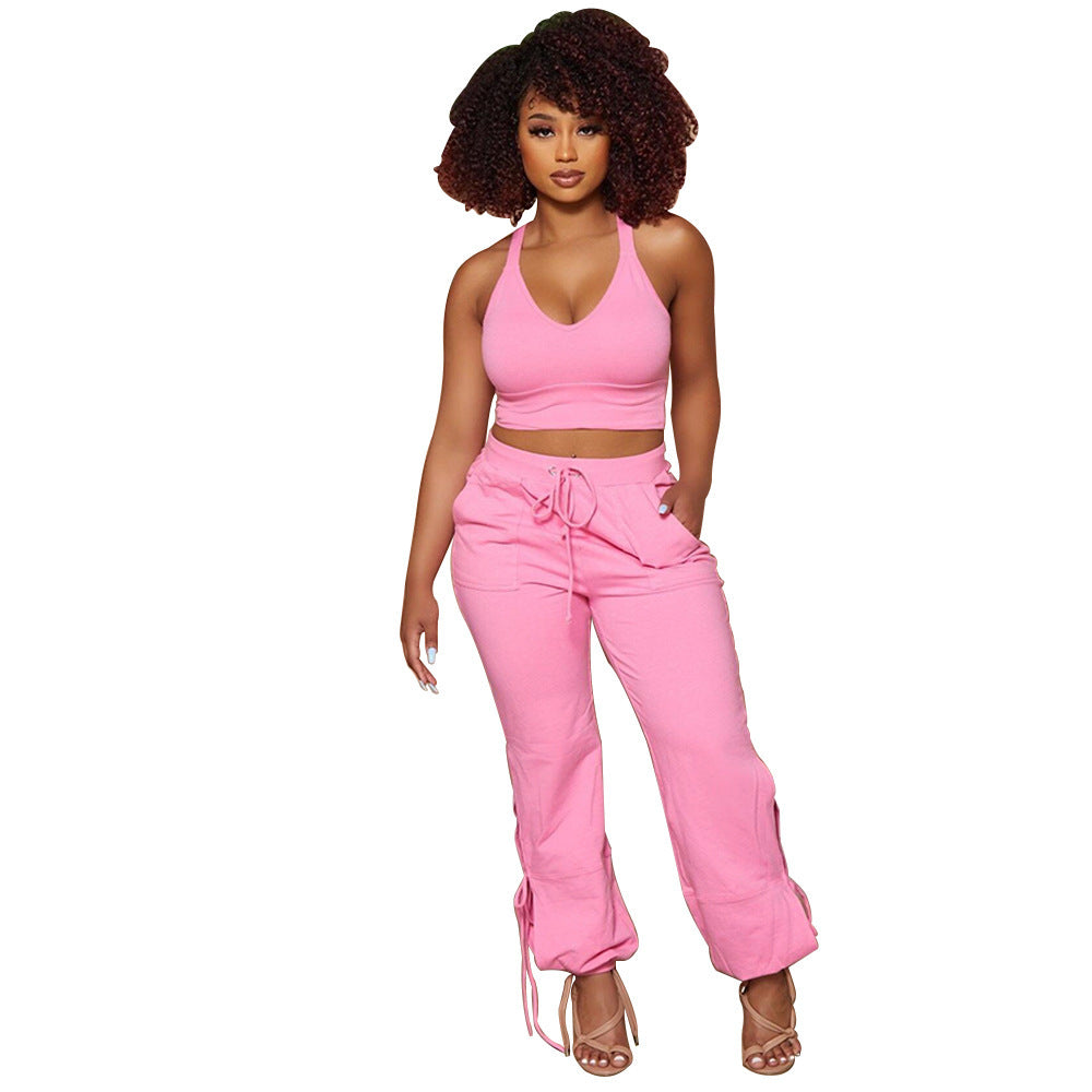 Ladies Fashion Solid Color Tank Top Tie Pants Two Piece Set - Alsy store