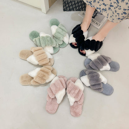 Cross Top Fur Flat Warm Plush Slipper - Alsy store