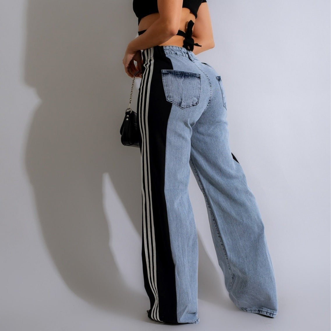 2024 Fashion Casual High Waist Elastic Straight Leg Trousers Three Stripe Patchwork Denim Wide Leg Pants Streetwear - Alsy store