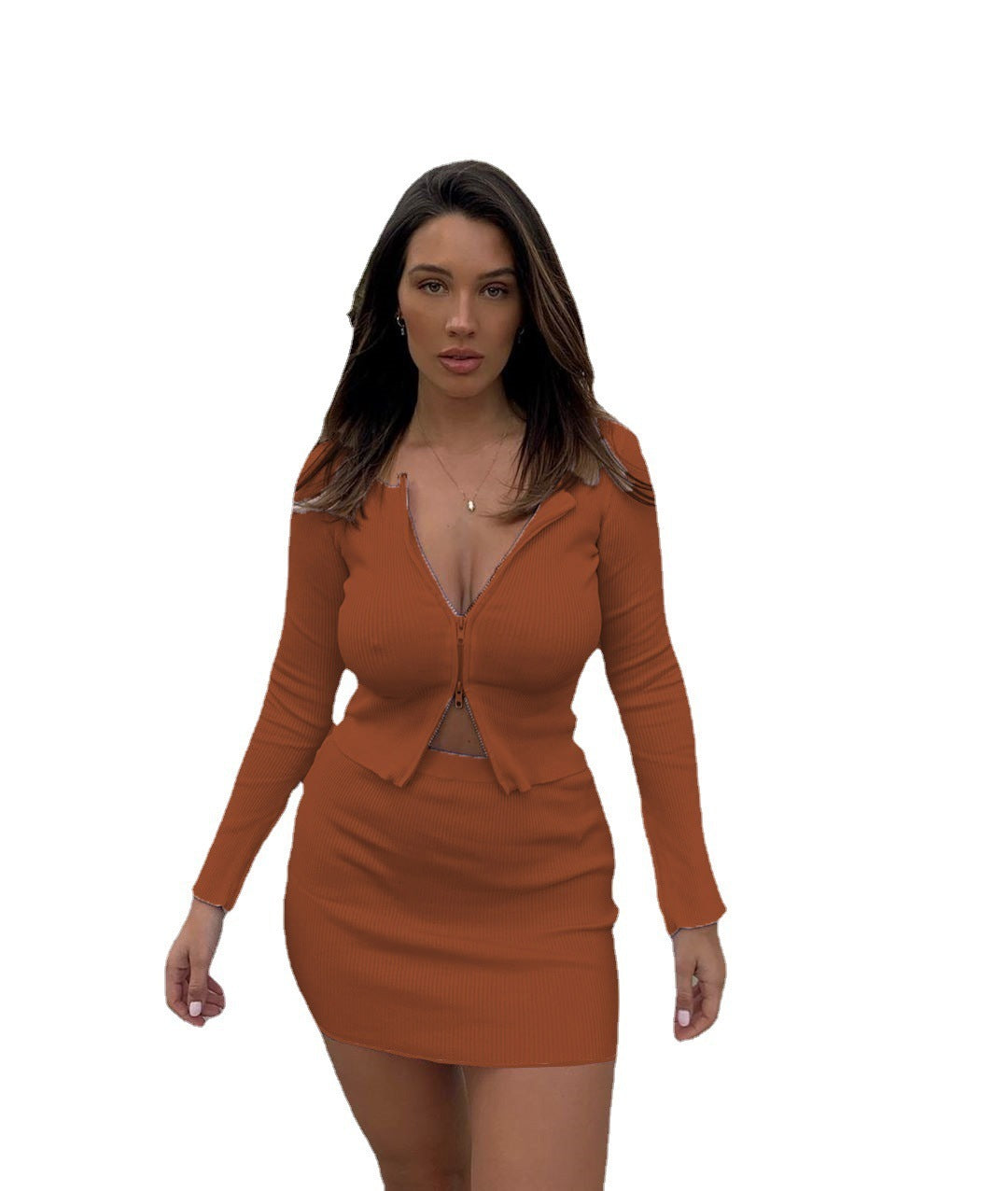 European And American Ins Double Zipper Sunken Stripe Long Sleeve Top Skirt Two-piece Set - Alsy store