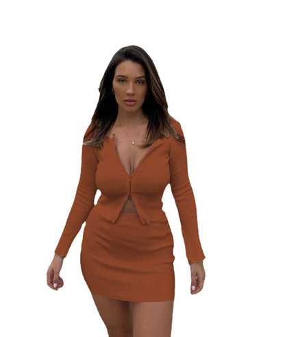 European And American Ins Double Zipper Sunken Stripe Long Sleeve Top Skirt Two-piece Set - Alsy store
