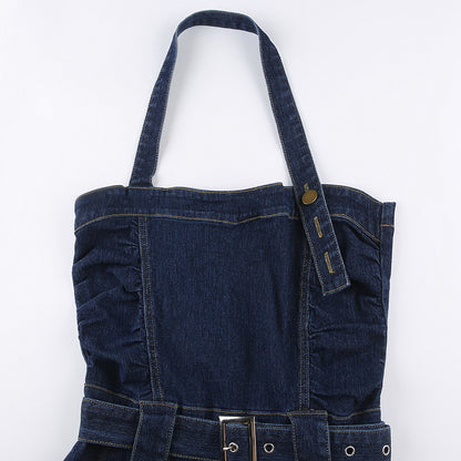Women Denim Mini Dress Off Shoulder Halter Neck Sleeveless