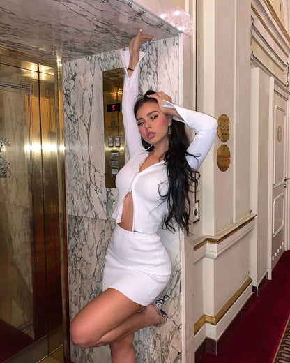 European And American Ins Double Zipper Sunken Stripe Long Sleeve Top Skirt Two-piece Set - Alsy store