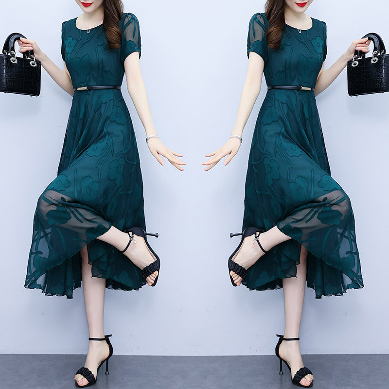 Fashion Round Neck Slim Fit Patchwork Chiffon Jacquard Dress