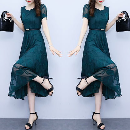 Fashion Round Neck Slim Fit Patchwork Chiffon Jacquard Dress