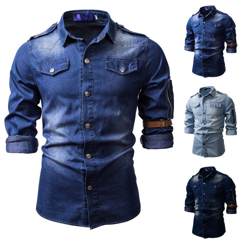 Fashion Men's Washed Denim Long Sleeve Shirt - Alsy store