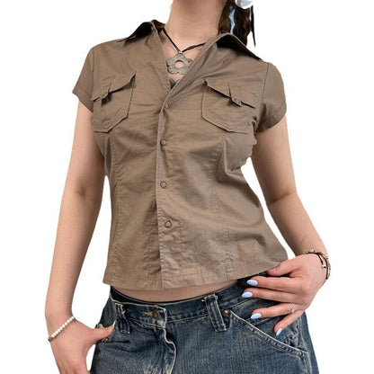 European And American Minimalist Basic Lapel Snap Fastener Tooling Style Shirt Short Sleeve Top - Alsy store