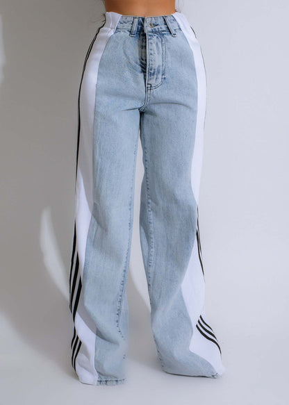 2024 Fashion Casual High Waist Elastic Straight Leg Trousers Three Stripe Patchwork Denim Wide Leg Pants Streetwear - Alsy store