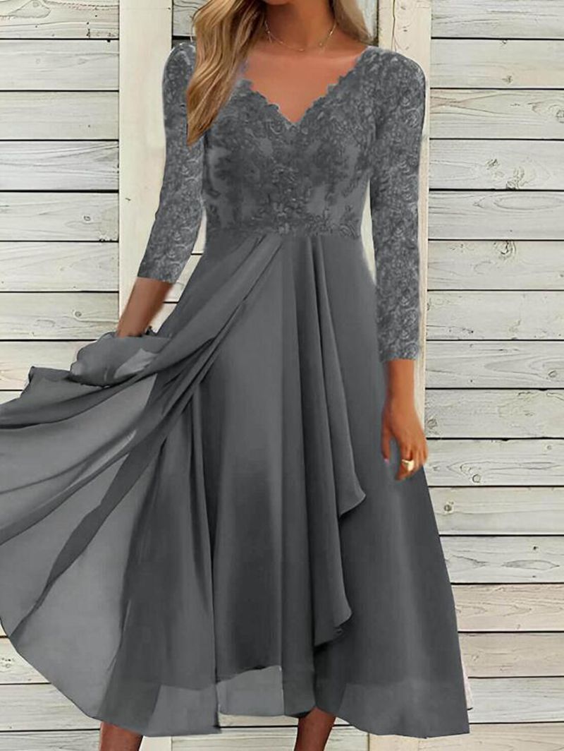 Long Sleeve Chiffon Dress V-neck Patchwork Women