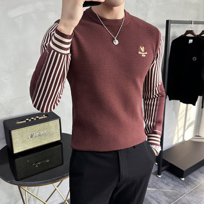 Fall Winter Men Color Contrast Patchwork Round Neck Sweater