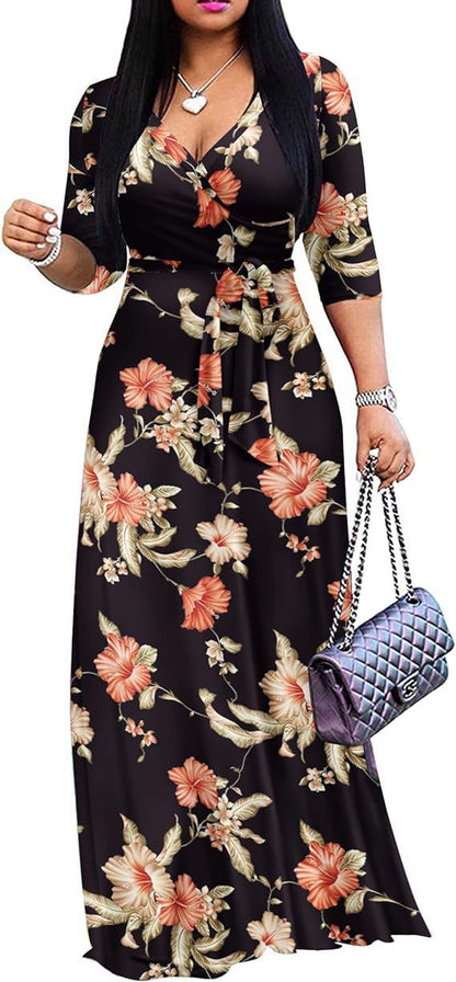 European And American Leisure Fashion Flower Printed V-neck Middle Sleeve Large Swing Dress