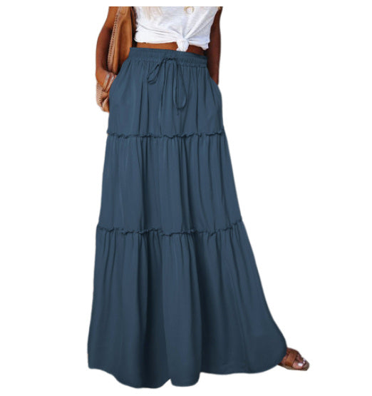 Women's Elastic High Waist A-Line Pleated Casual Maxi Dress - Alsy store