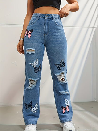 High Waisted Straight Leg Jeans For Women Trendy Butterfly Print Ripped Distressed Denim Pants - Alsy store