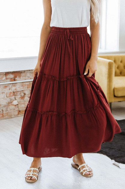 Women's Elastic High Waist A-Line Pleated Casual Maxi Dress - Alsy store