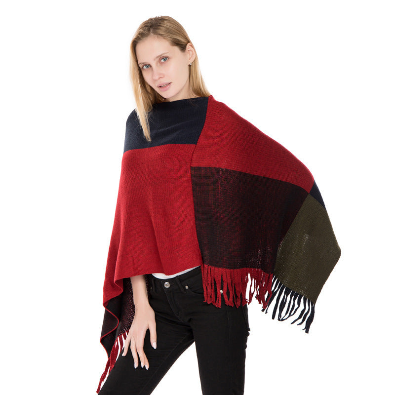 Large Plaid Color Matching Knitted Warm Shawl European And American Autumn And Winter - Alsy store