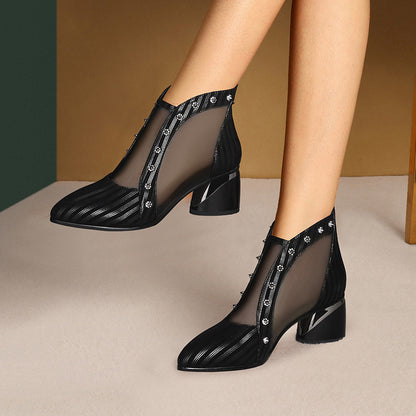 Color Block Thick Heel Sandals Mesh Fish Mouth Sandals Stiletto Boots High Heels