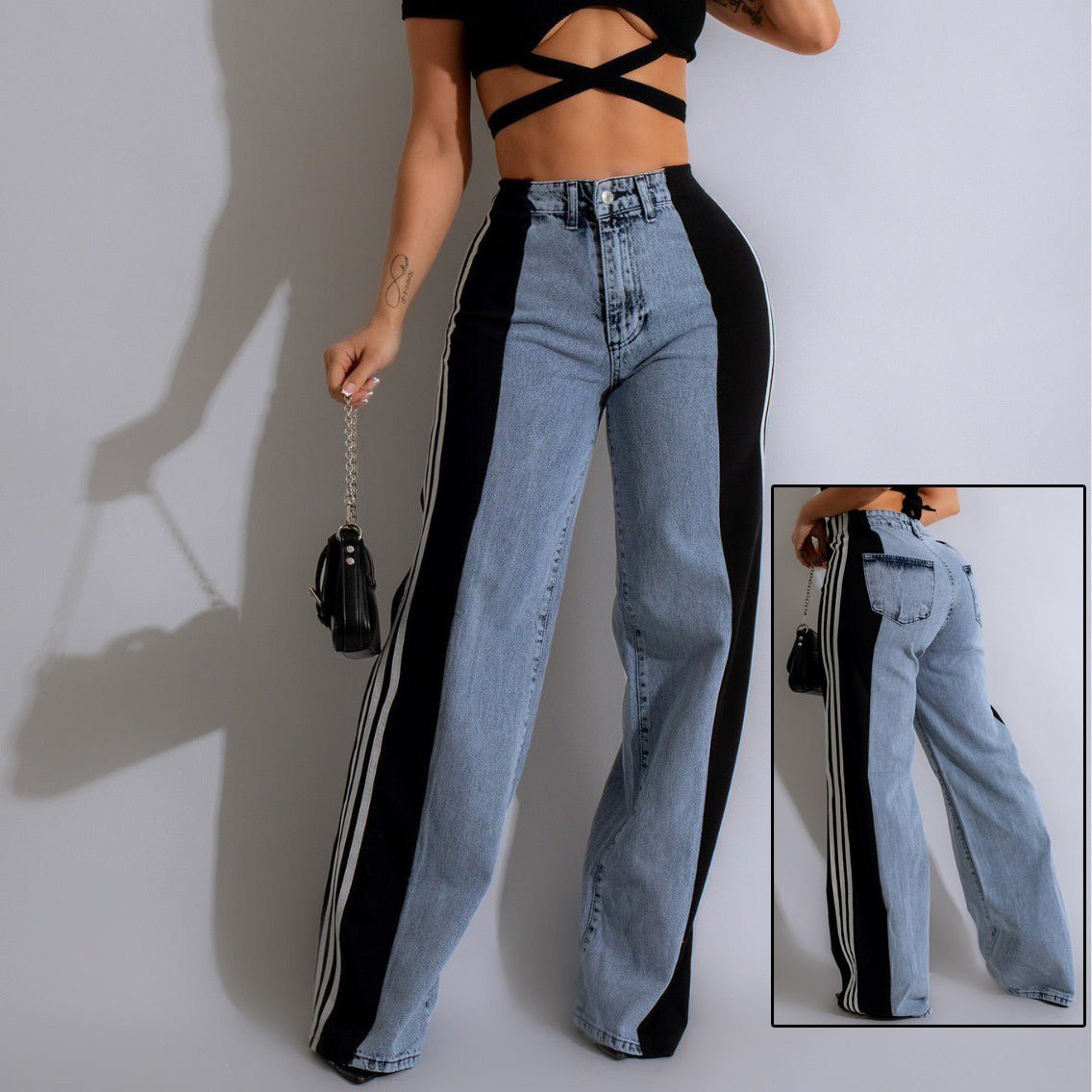 2024 Fashion Casual High Waist Elastic Straight Leg Trousers Three Stripe Patchwork Denim Wide Leg Pants Streetwear - Alsy store