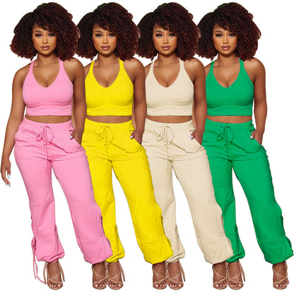 Ladies Fashion Solid Color Tank Top Tie Pants Two Piece Set - Alsy store