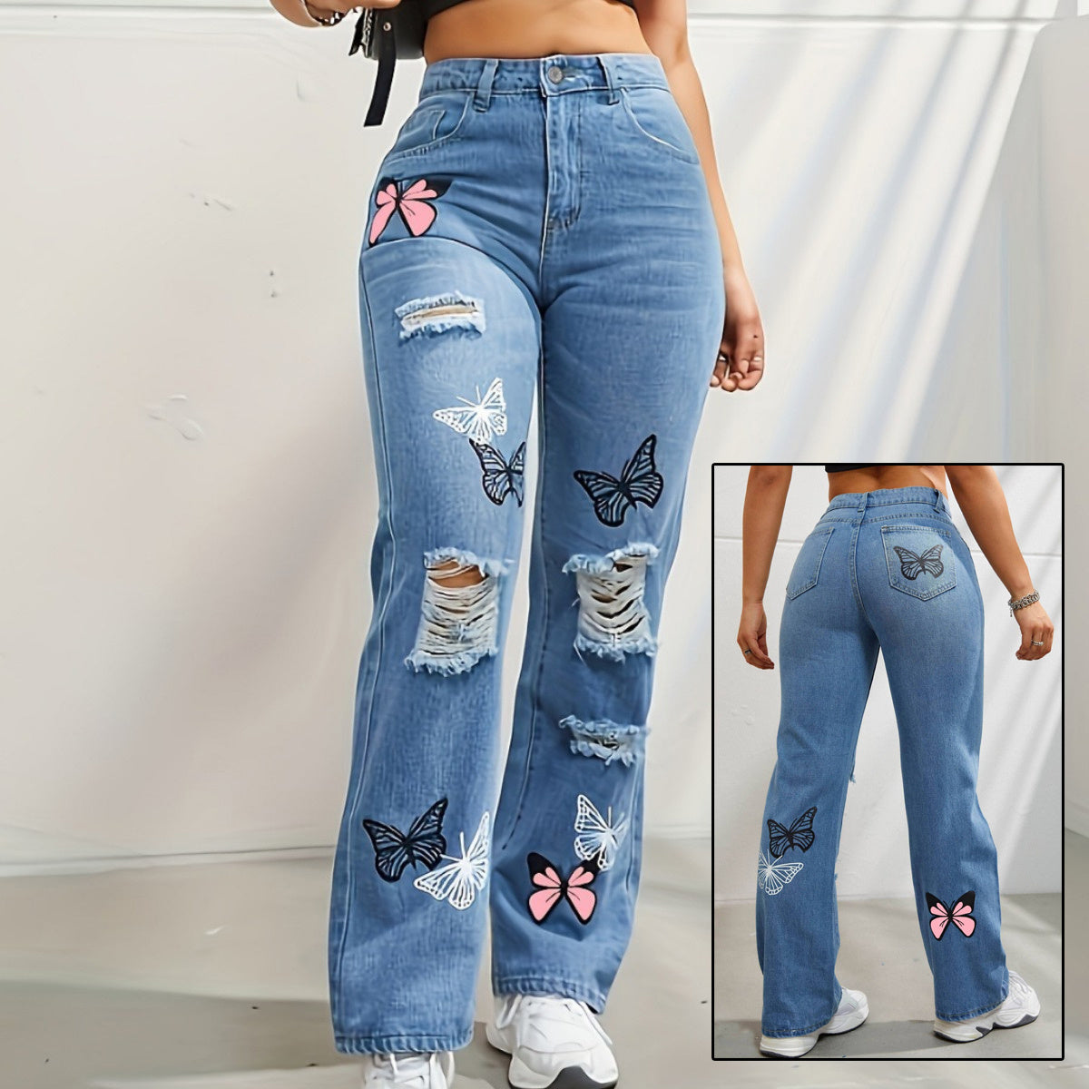 High Waisted Straight Leg Jeans For Women Trendy Butterfly Print Ripped Distressed Denim Pants - Alsy store