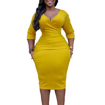 V-neck Temperament Sheath Plus Size Solid Color Dress