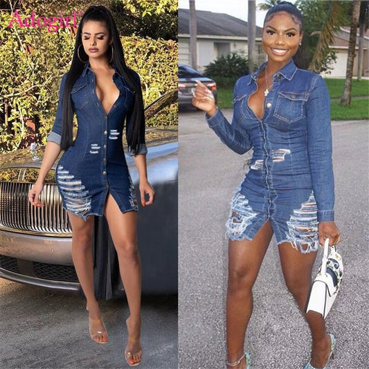 Shredded denim dress denim casual dress - Alsy store
