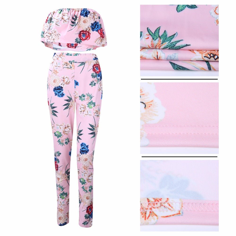 Summer Women Clothes Plus size Flower two piece set Print off shoulder crop top Ruffles cropped Tops Pants Pattern suit - Alsy store