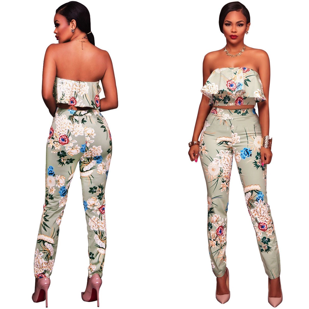 Summer Women Clothes Plus size Flower two piece set Print off shoulder crop top Ruffles cropped Tops Pants Pattern suit - Alsy store