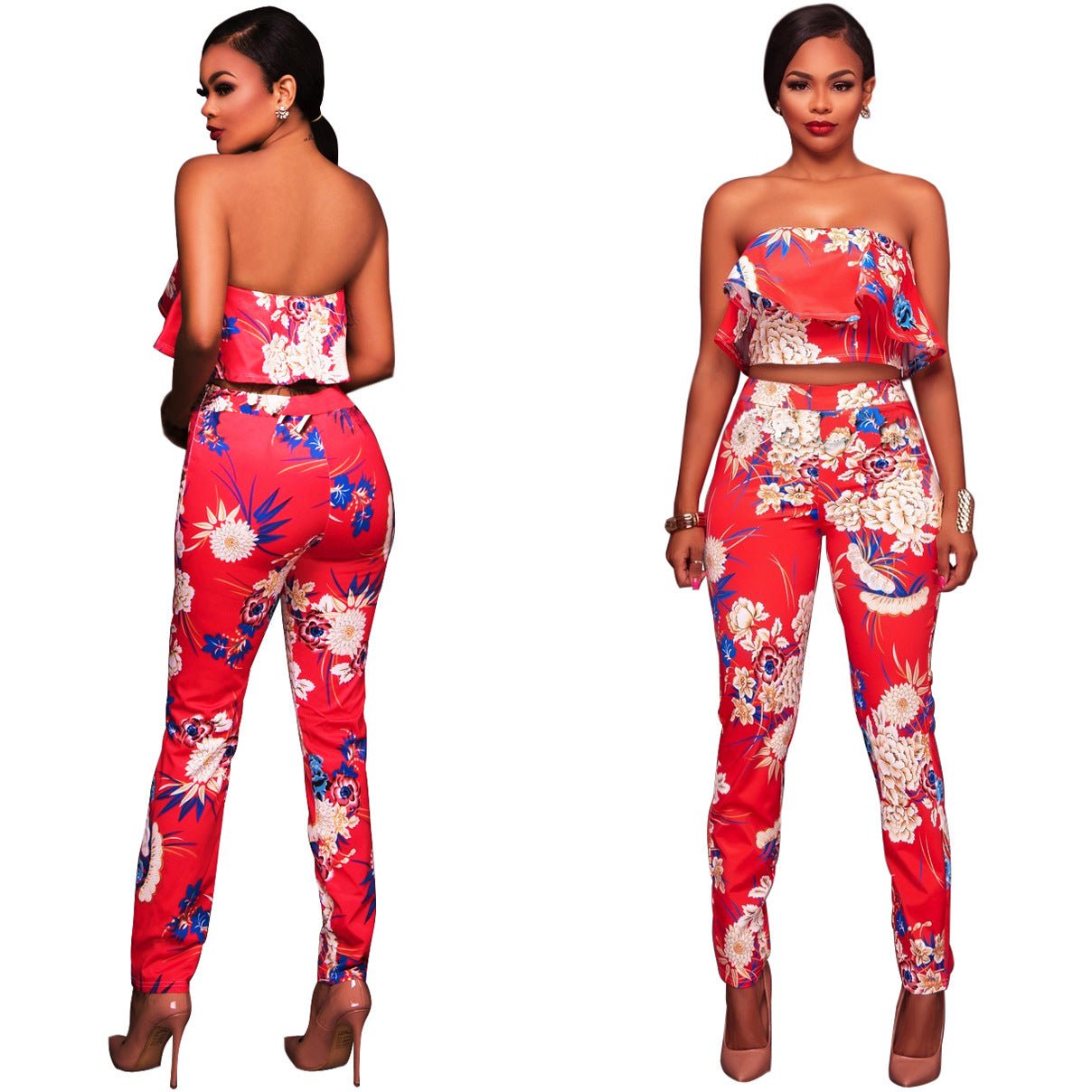 Summer Women Clothes Plus size Flower two piece set Print off shoulder crop top Ruffles cropped Tops Pants Pattern suit - Alsy store