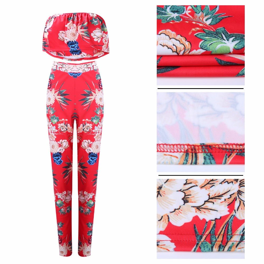 Summer Women Clothes Plus size Flower two piece set Print off shoulder crop top Ruffles cropped Tops Pants Pattern suit - Alsy store