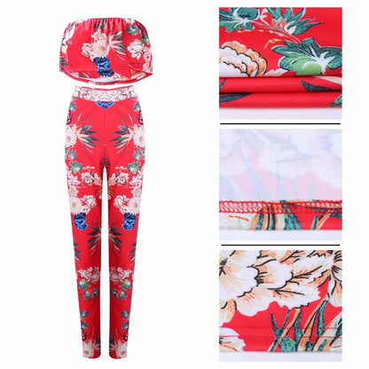 Summer Women Clothes Plus size Flower two piece set Print off shoulder crop top Ruffles cropped Tops Pants Pattern suit - Alsy store