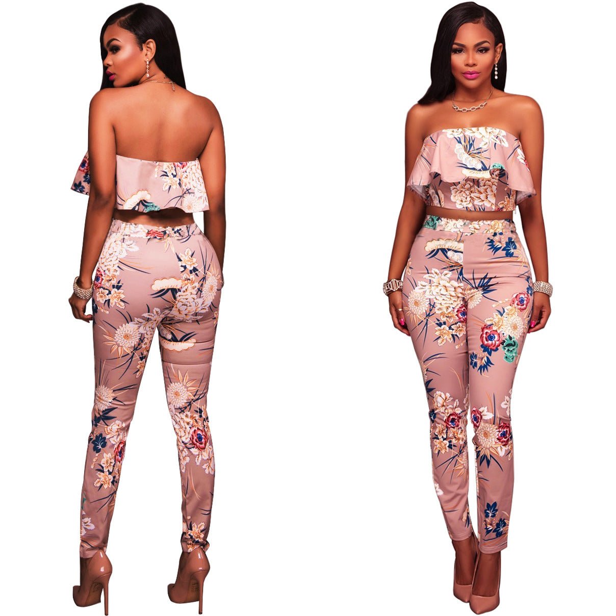 Summer Women Clothes Plus size Flower two piece set Print off shoulder crop top Ruffles cropped Tops Pants Pattern suit - Alsy store